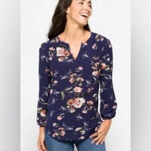 Fun2Fun Women's Stitch Fix Women's Floral Blouse Size S Navy Pink Long Sleeve